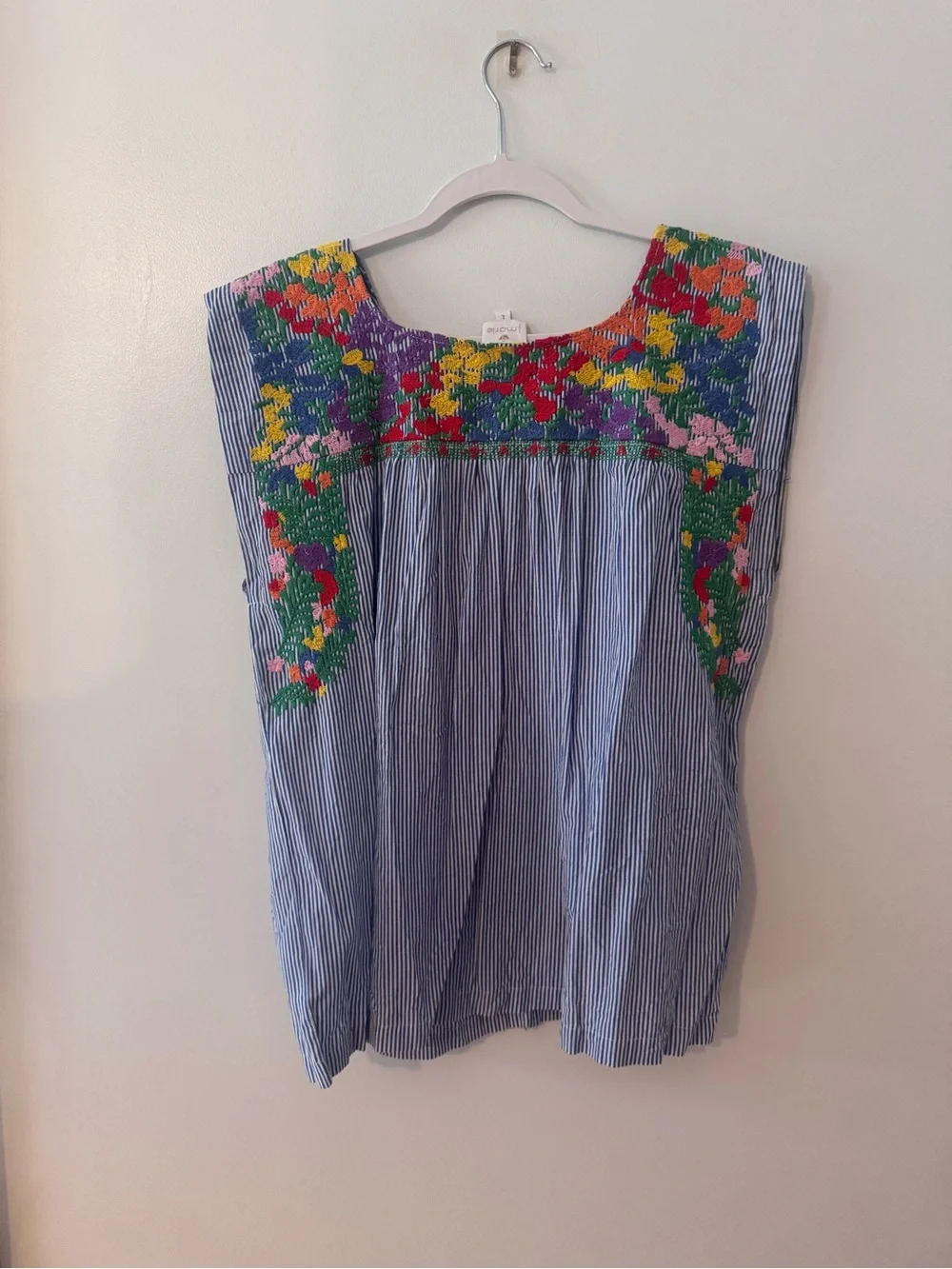 J.Marie Blue Striped Floral Mexican Embroidered Sleeveless Top - Picture 9 of 10
